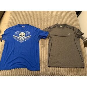 Lot of 2 Under Armour Mens Large Athletic T Shirts HeatGear Gray Baseball Blue